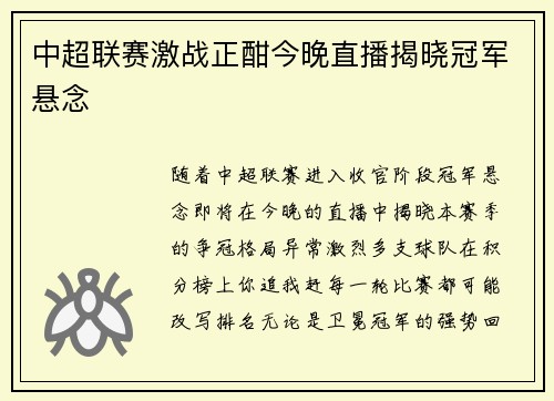 中超联赛激战正酣今晚直播揭晓冠军悬念