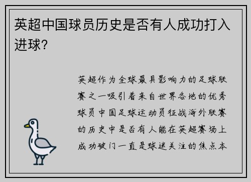 英超中国球员历史是否有人成功打入进球？